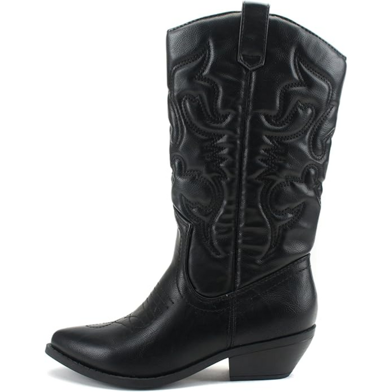 Schwarzer Cowboy-Stiefel aus Leder mit Stickerei, mittlerer Absatz, Western-Design.