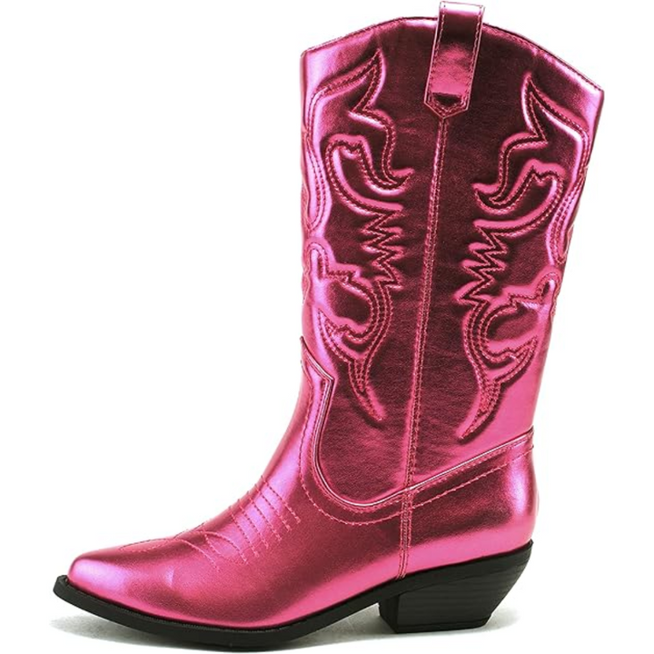 Pinkfarbener Cowboystiefel aus Leder mit Stickerei, modisch, Damenstiefel, Westernstil.