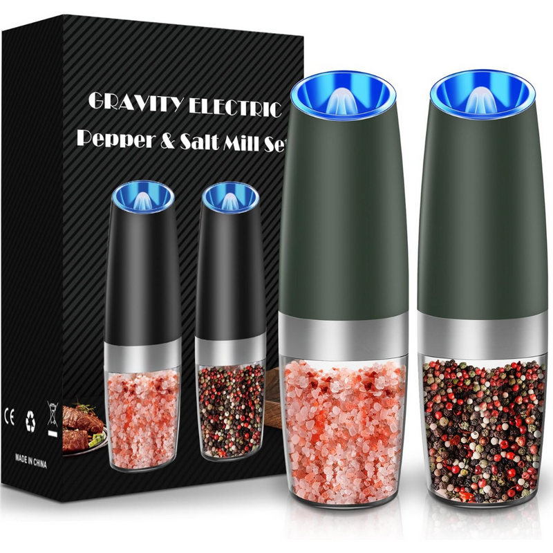 Elektrische Salz- und Pfeffermühle Set, schwarz, LED-Licht, batteriebetrieben, Küche.