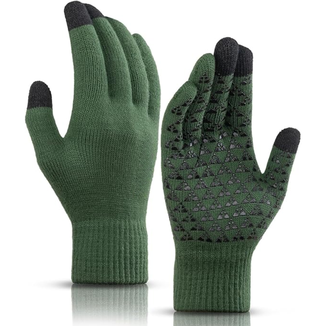 Grüne Touchscreen-Handschuhe mit rutschfestem Muster, ideal für Winter und Outdoor-Aktivitäten.