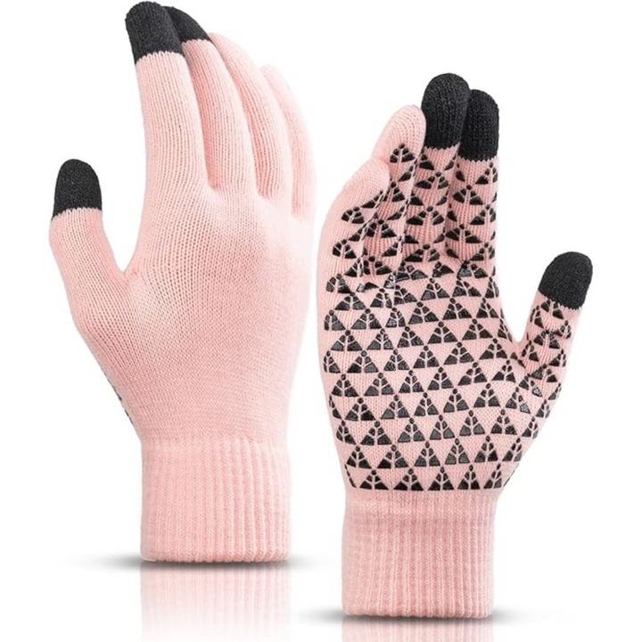 Rosa Touchscreen-Handschuhe mit schwarzem Muster, Winterhandschuhe, Smartphone-kompatibel.