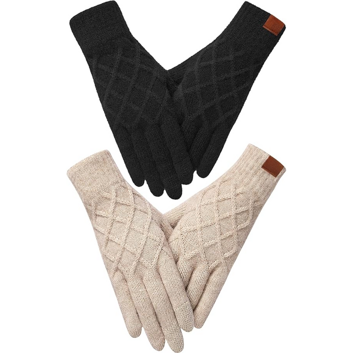 Schwarze und beige Strickhandschuhe mit Rautenmuster, warm, stilvoll, Winteraccessoire.