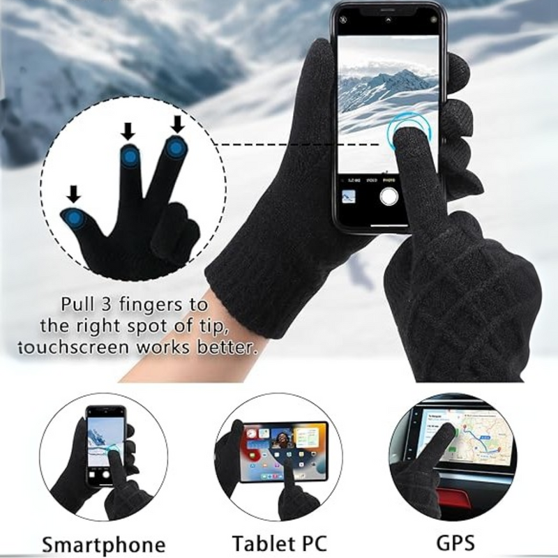 Schwarze Touchscreen-Handschuhe, kompatibel mit Smartphone, Tablet und GPS, im Wintereinsatz.