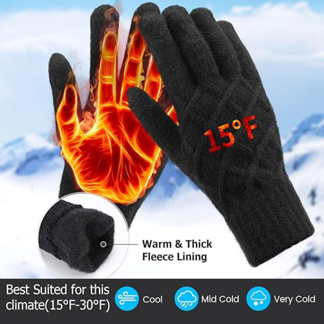 Schwarze beheizte Handschuhe, Fleece-Futter, ideal für kaltes Wetter, Temperaturanzeige 15°F.