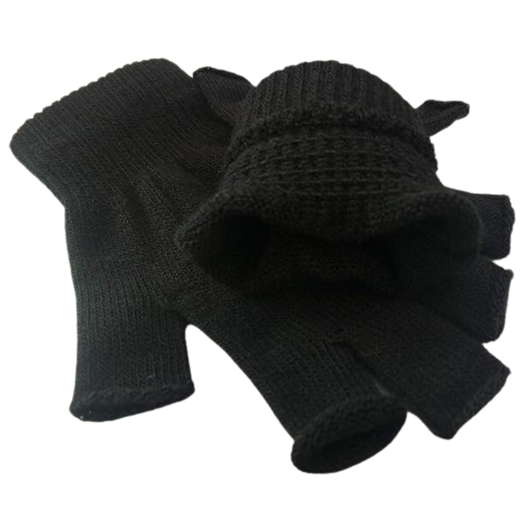 Schwarze fingerlose Strickhandschuhe aus Wolle, warm, wintertauglich, modisch, unisex.