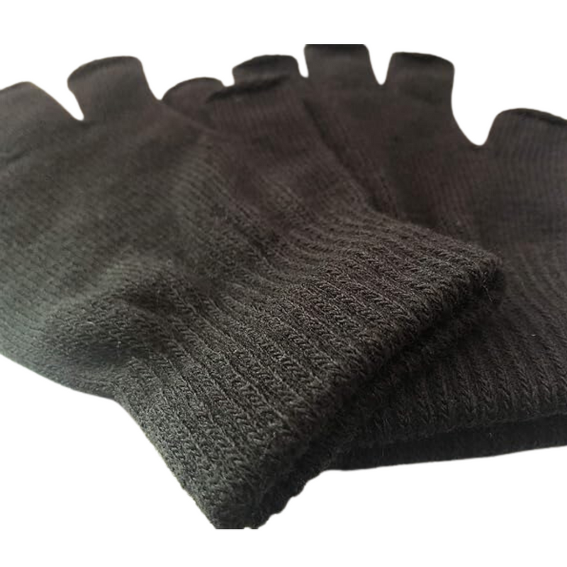 Schwarze fingerlose Handschuhe aus Strickmaterial, ideal für Winter und Outdoor-Aktivitäten.