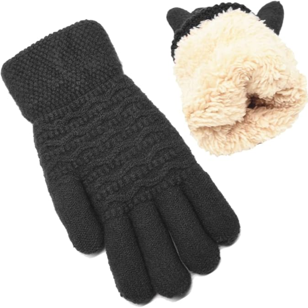 Schwarze Strickhandschuhe mit beigem Fleecefutter, Winteraccessoire, warm und stilvoll.
