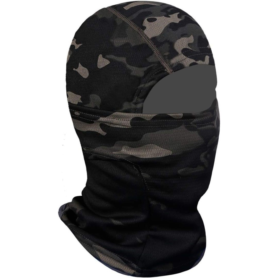 Camouflage Sturmhaube, schwarz-grau, atmungsaktiv, für Outdoor-Sportarten und Kälteschutz.