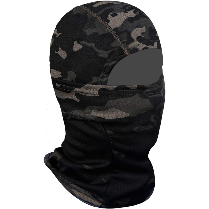 Camouflage Sturmhaube, schwarz-grau, atmungsaktiv, für Outdoor-Sportarten und Kälteschutz.