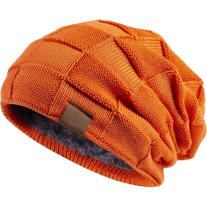 Orange Strickmütze mit Fleecefutter, Wintermode, warm, stilvoll, Unisex-Accessoire.