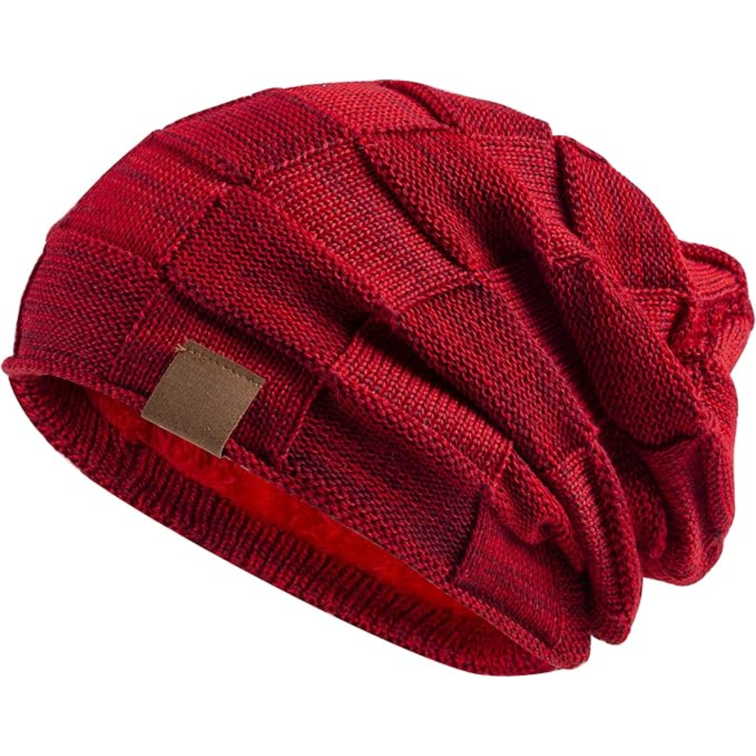 Rote Strickmütze aus Wolle, kariertes Design, warme Wintermütze für Damen und Herren.
