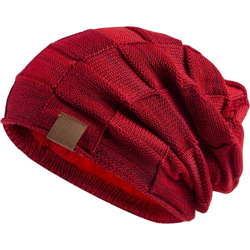 Rote Strickmütze aus Wolle, kariertes Design, warme Wintermütze für Damen und Herren.