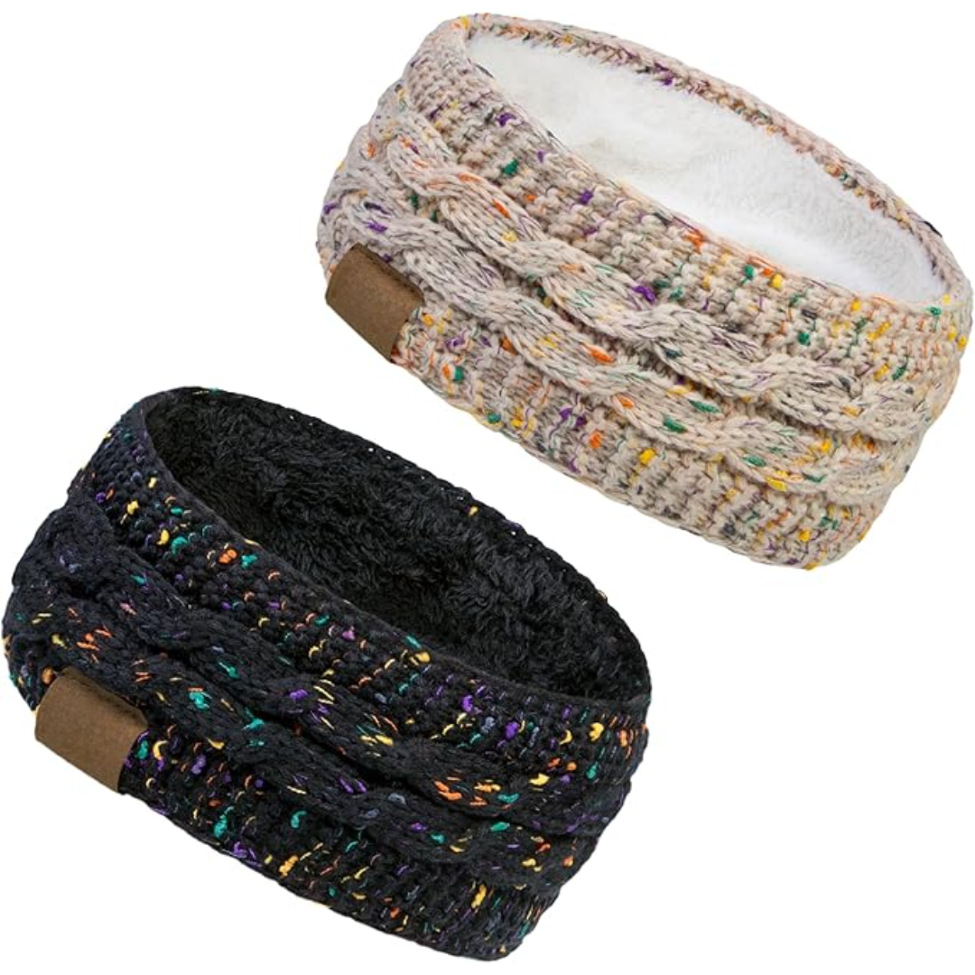 Zwei gestrickte Stirnbänder, beige und schwarz, mit Fleecefutter, ideal für Wintermode.