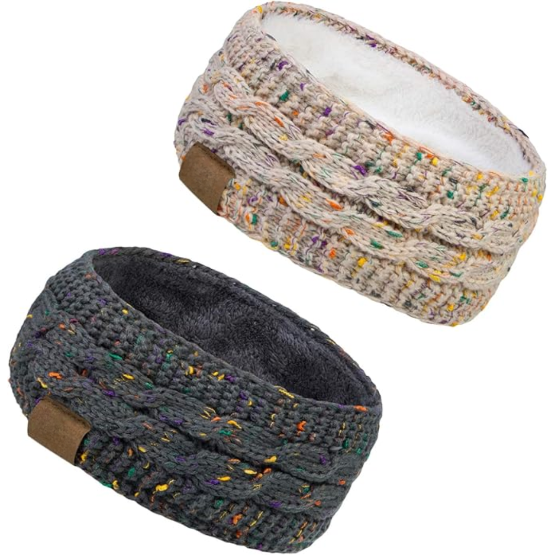Zwei gestrickte Stirnbänder, beige und grau, mit Fleecefutter, ideal für Wintermode.