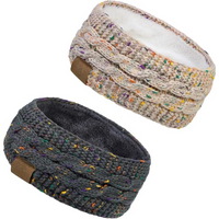 Zwei gestrickte Stirnbänder, beige und grau, mit Fleecefutter, ideal für Wintermode.