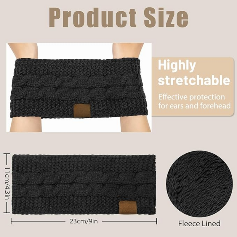 Schwarzes Strick-Stirnband, fleecegefüttert, 23cm, hoch dehnbar, idealer Ohrenschutz.