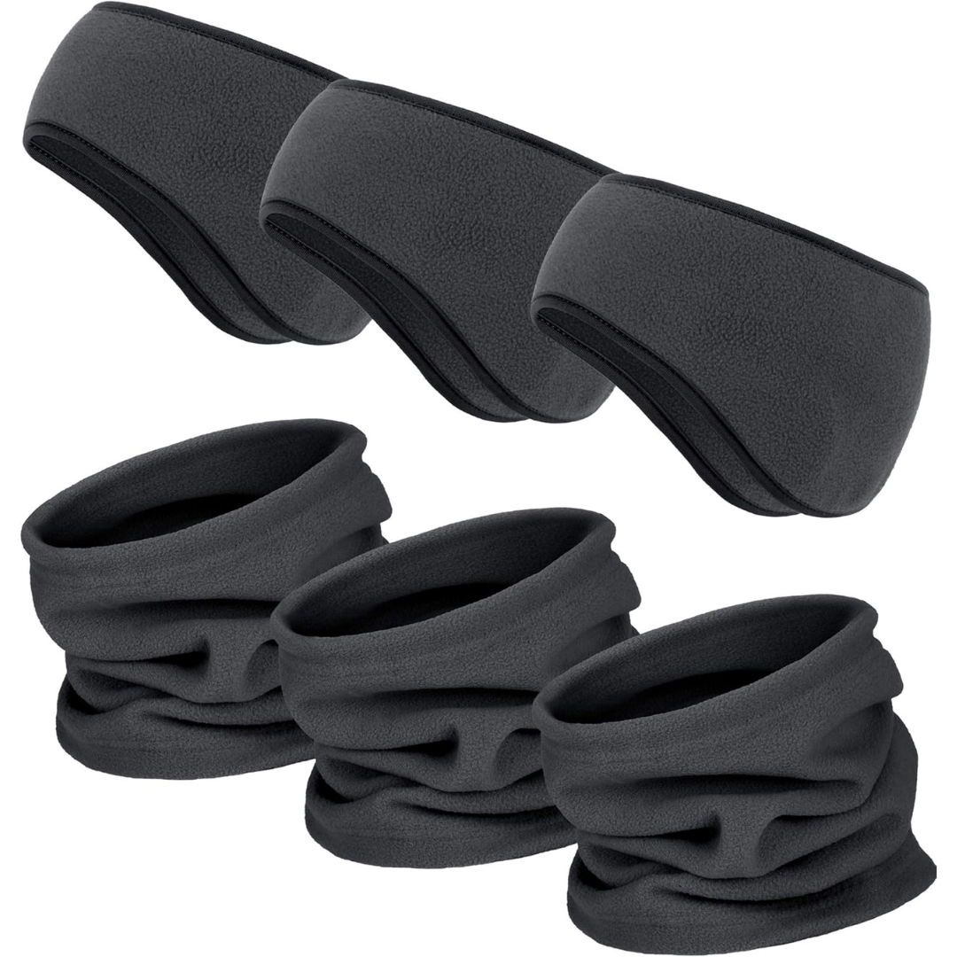 Dunkelgraue Fleece-Stirnbänder und Halswärmer Set, ideal für Winter, Unisex, warm und bequem.