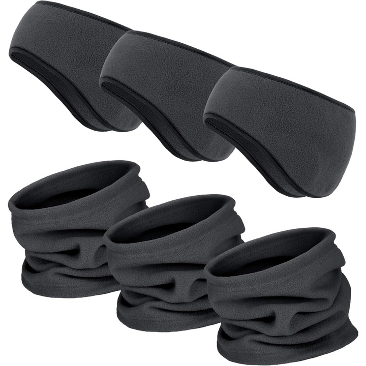 Dunkelgraue Fleece-Stirnbänder und Halswärmer Set, ideal für Winter, Unisex, warm und bequem.