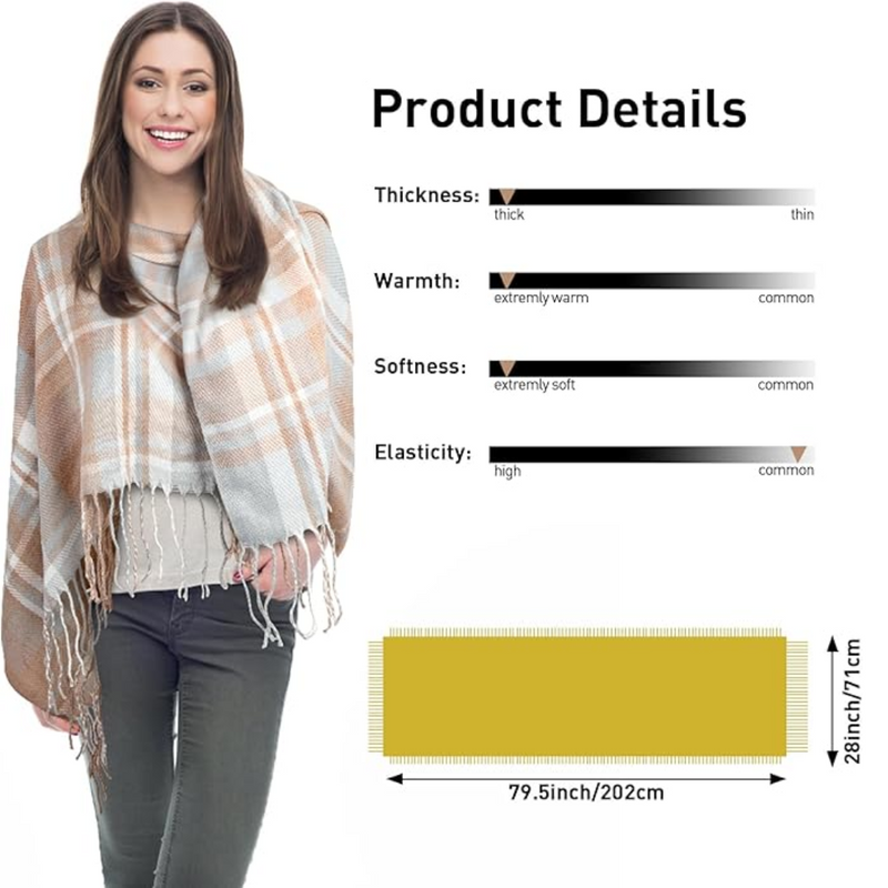 Frau mit kariertem Schal, beige-grau, weich, warm, 202 cm x 71 cm, modisches Accessoire.