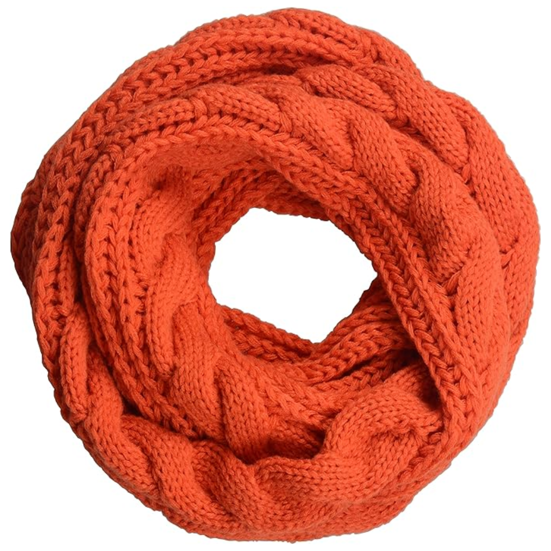Orangefarbener Strickschal, Zopfmuster, warm, modisch, Winteraccessoire, Damenmode.