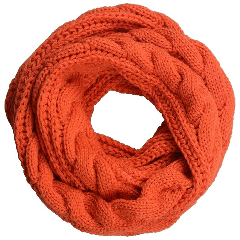 Orangefarbener Strickschal, Zopfmuster, warm, modisch, Winteraccessoire, Damenmode.