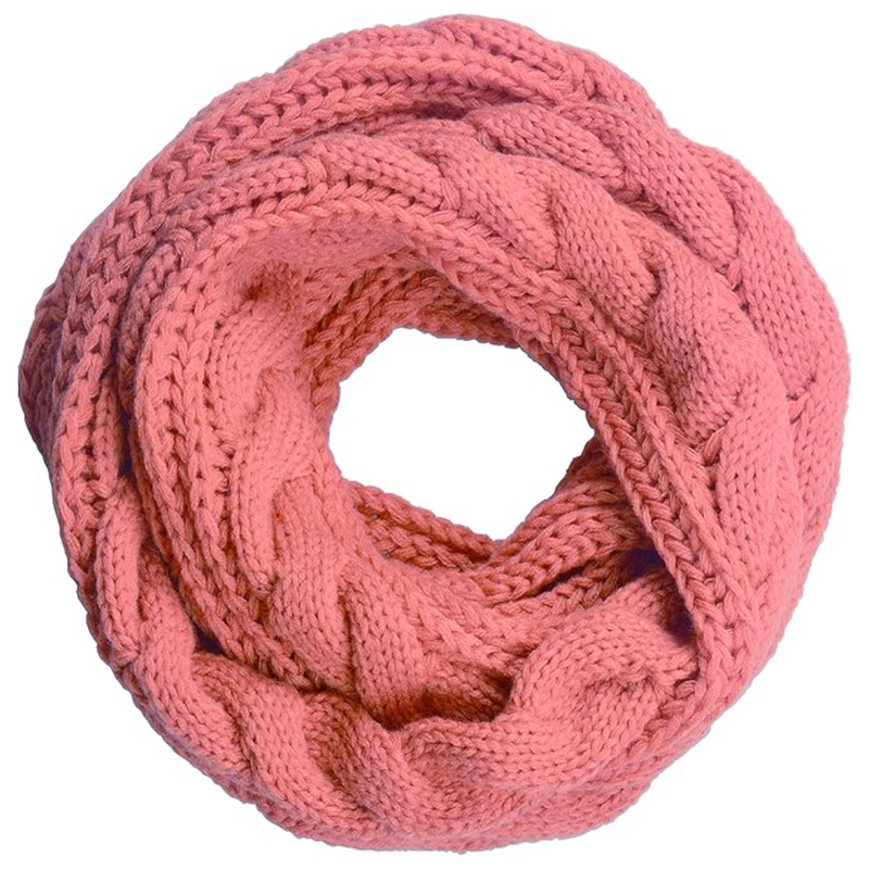 Rosa Strickschal aus Wolle, geflochtenes Design, modisches Winteraccessoire, Damenmode.