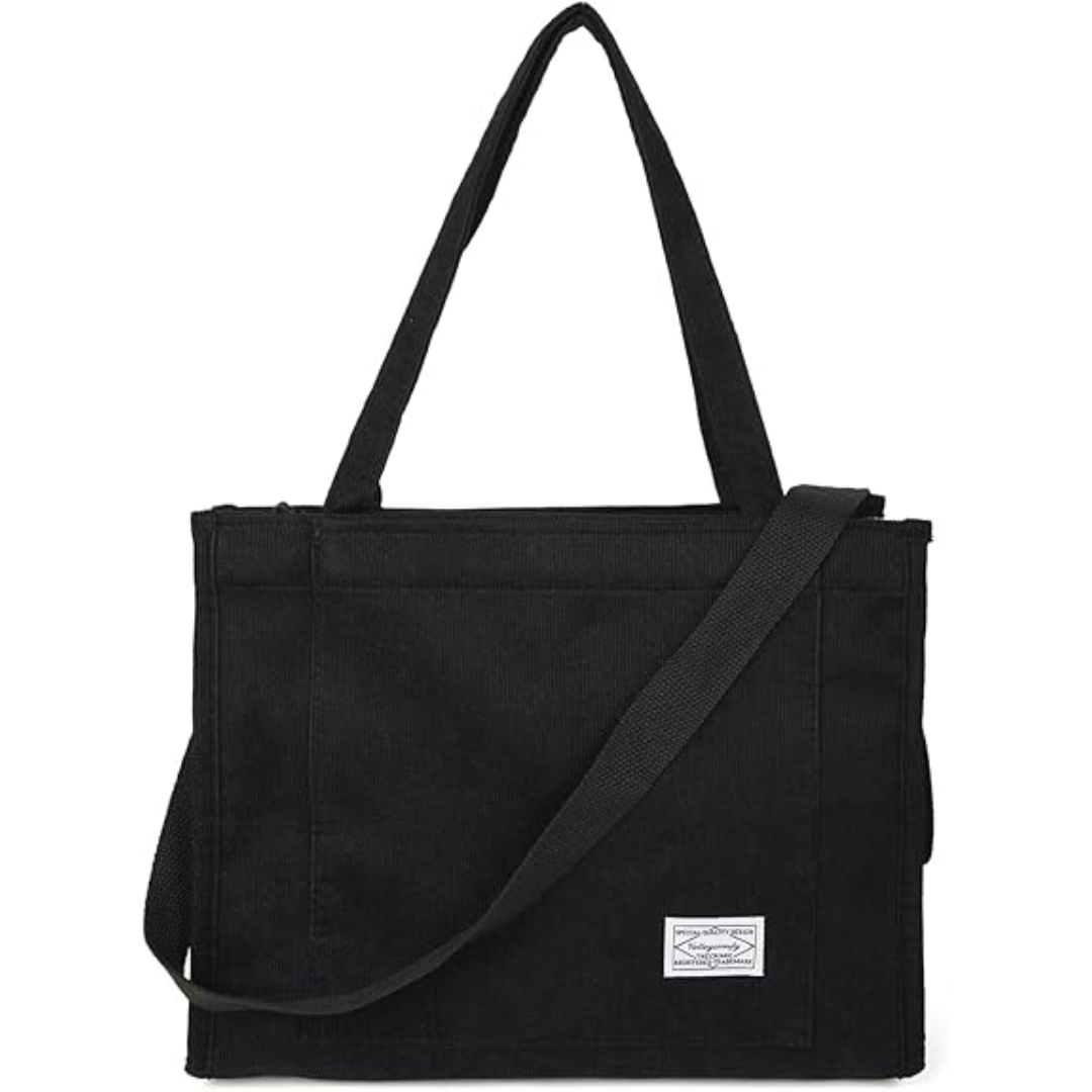 Schwarze Umhängetasche aus Canvas, rechteckig, mit Tragegriffen und Schulterriemen.