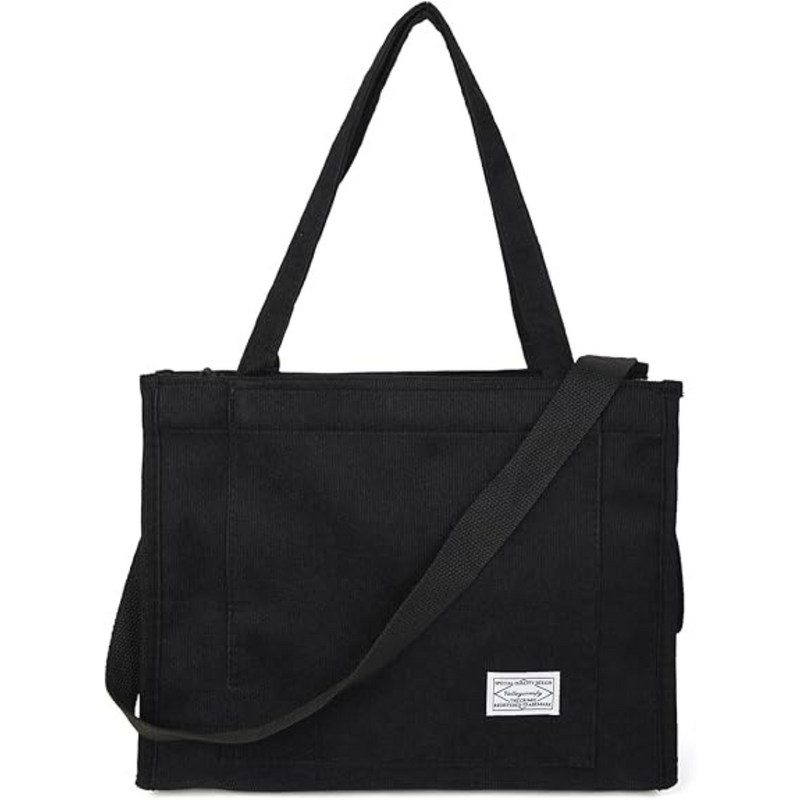 Schwarze Umhängetasche aus Canvas, rechteckig, mit Tragegriffen und Schulterriemen.