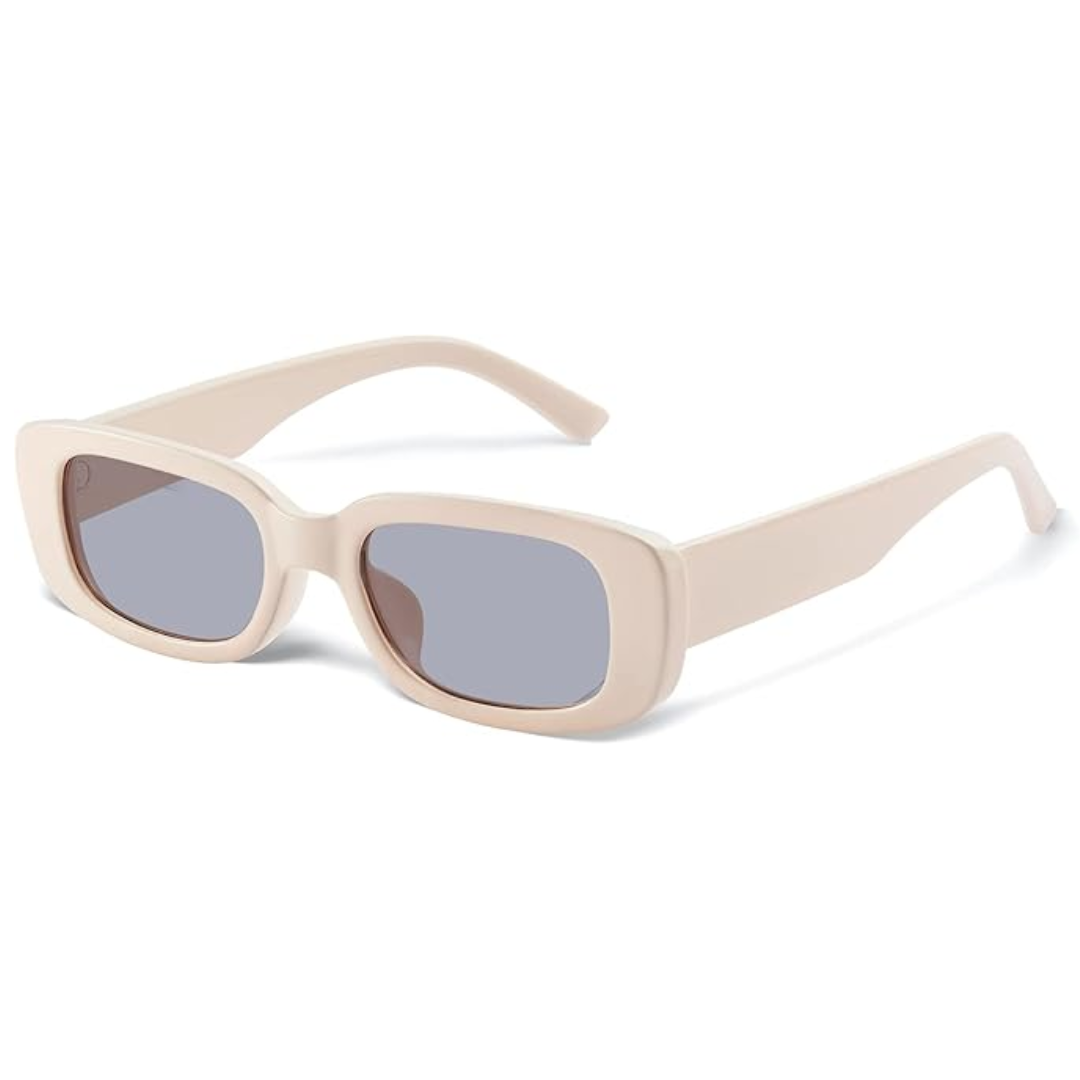 Beige rechteckige Sonnenbrille, UV-Schutz, modisches Accessoire, Unisex-Design.