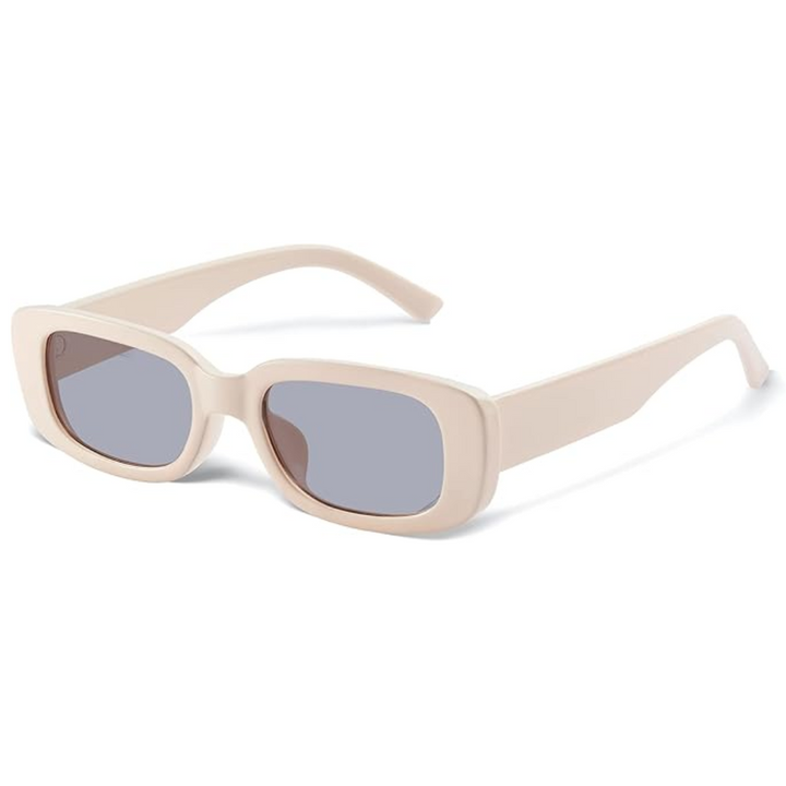 Beige rechteckige Sonnenbrille, UV-Schutz, modisches Accessoire, Unisex-Design.