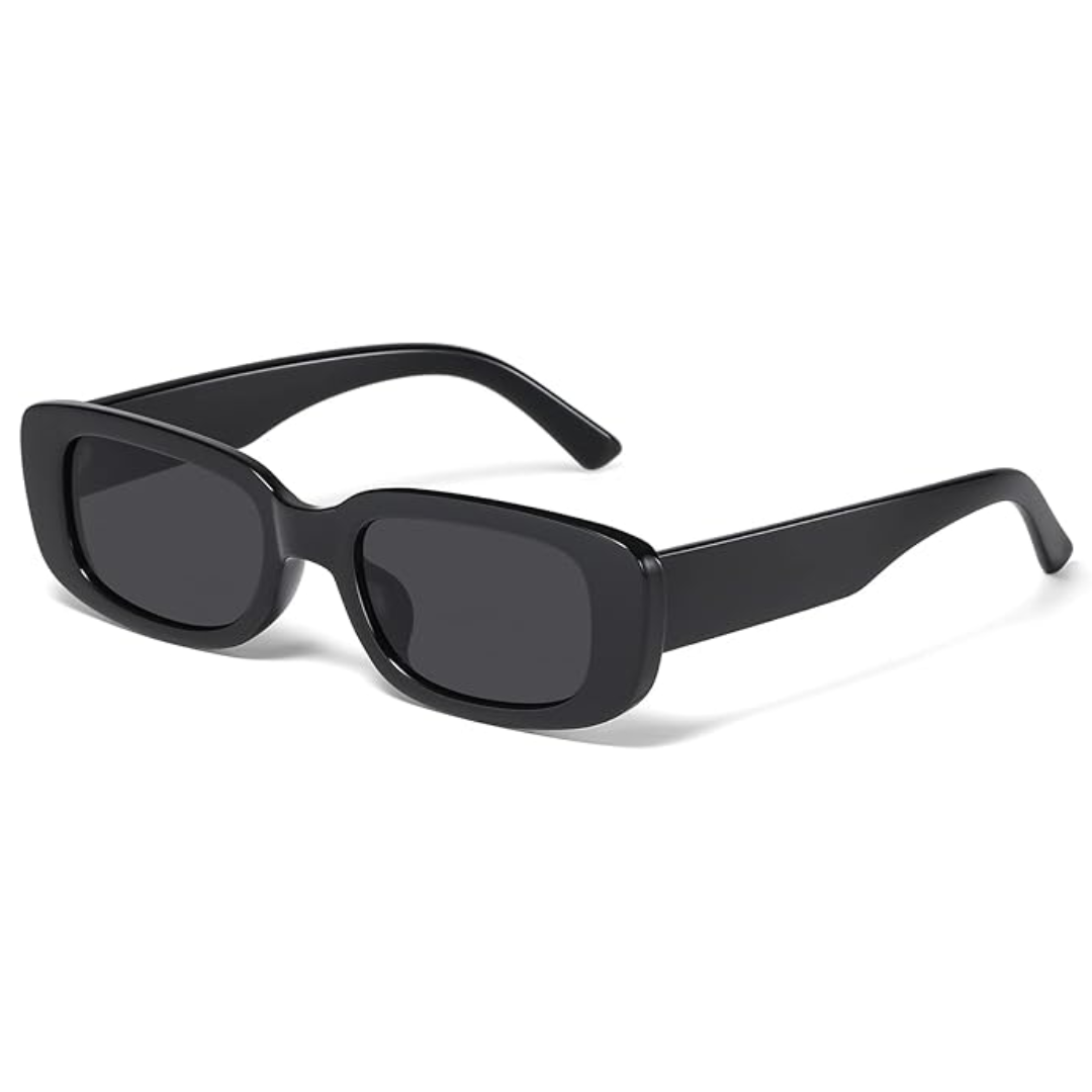 Schwarze rechteckige Sonnenbrille, Unisex, UV-Schutz, modisches Accessoire.