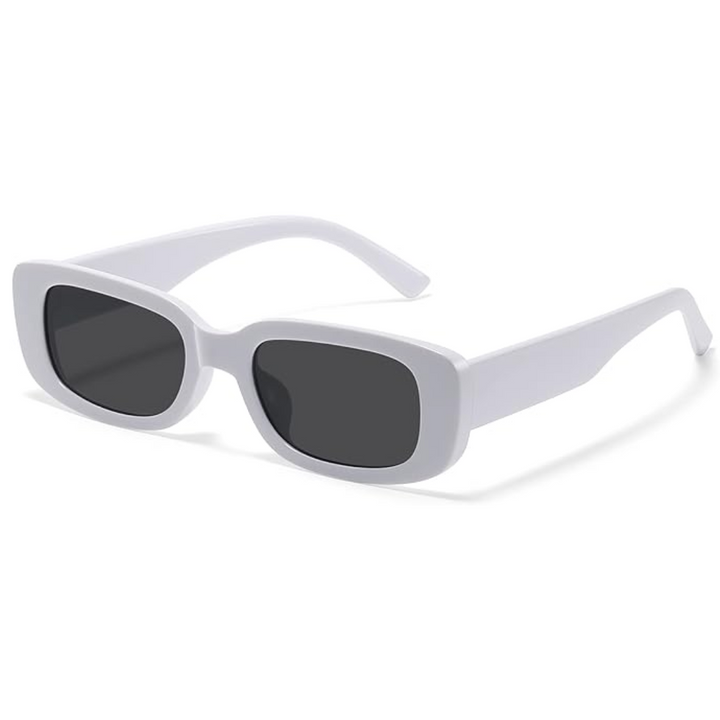 Weiße rechteckige Sonnenbrille, UV-Schutz, modisches Accessoire, Unisex-Design.