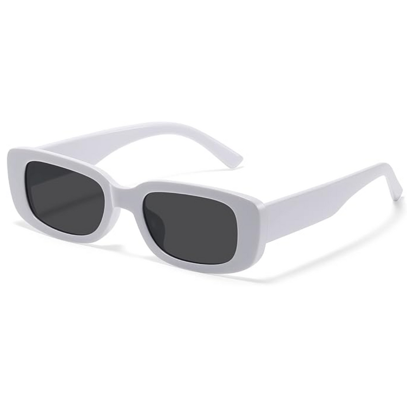 Weiße rechteckige Sonnenbrille, UV-Schutz, modisches Accessoire, Unisex-Design.