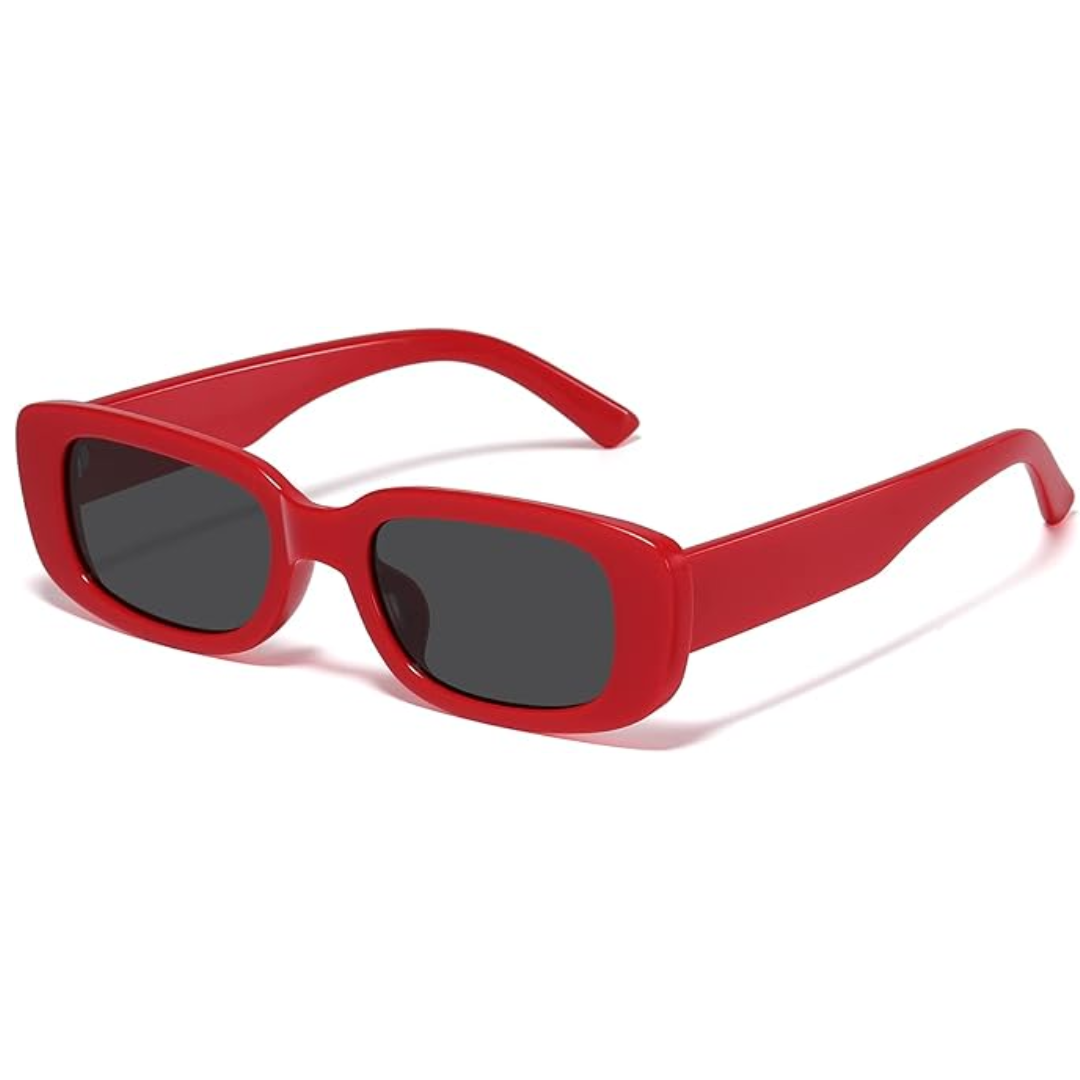 Rote rechteckige Sonnenbrille, UV-Schutz, modisches Accessoire, Kunststoffrahmen.