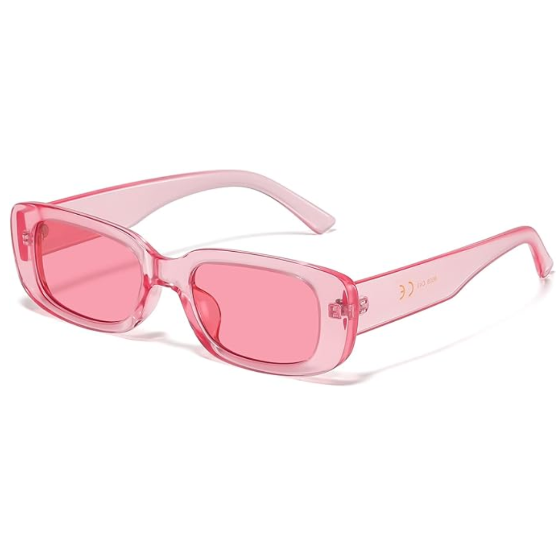 Rosa rechteckige Sonnenbrille, transparent, modisch, UV-Schutz, Damen-Accessoire.