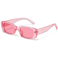 Rosa rechteckige Sonnenbrille, transparent, modisch, UV-Schutz, Damen-Accessoire.