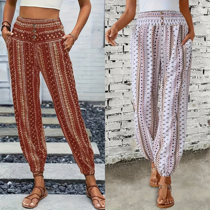 Boho High-Waist Damenhose mit Print & gesmoktem Bund – Linara