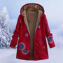 Roter Damen-Wintermantel mit Kapuze, ethnisches Muster, warmes Futter, Wintermode.