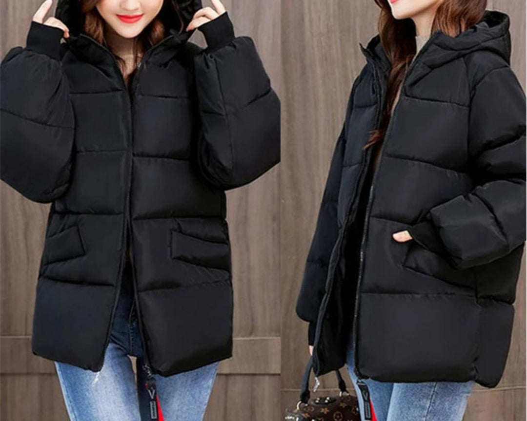 Damen Winterjacke Schwarz, Kapuze, Daunenoptik, warm, modisch, Freizeitkleidung, Herbst/Winter.