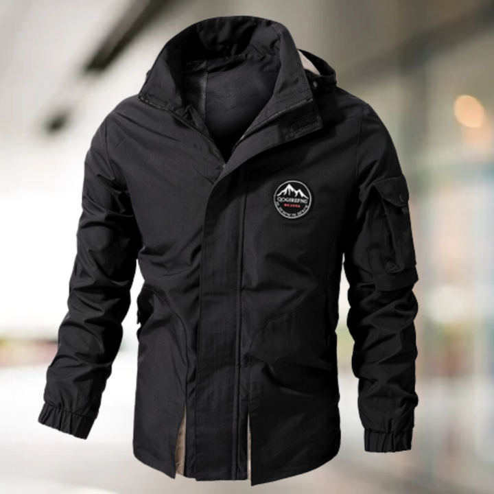 Schwarze Outdoor-Jacke mit Kapuze, wasserabweisend, atmungsaktiv, für Herren.