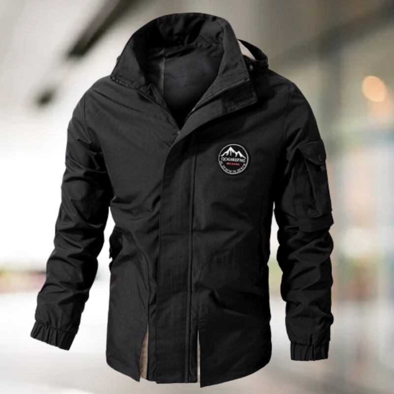 Schwarze Outdoor-Jacke mit Kapuze, wasserabweisend, atmungsaktiv, für Herren.