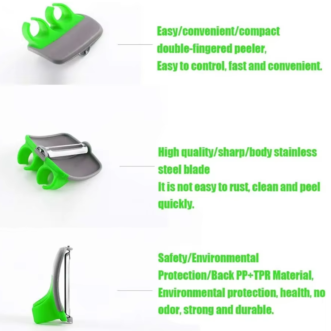 Grüner Doppelfinger-Schäler mit Edelstahlklinge, ergonomisch, langlebig, umweltfreundlich.