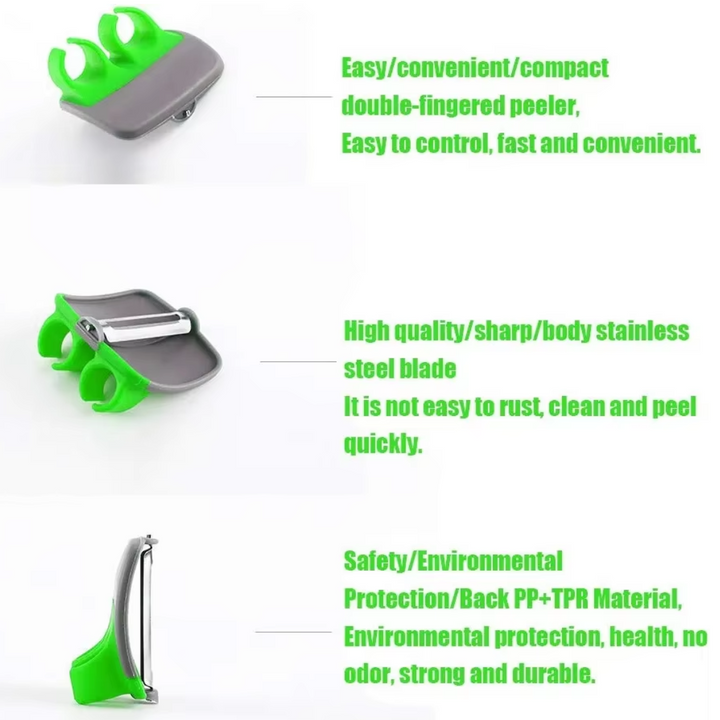 Grüner Doppelfinger-Schäler mit Edelstahlklinge, ergonomisch, langlebig, umweltfreundlich.