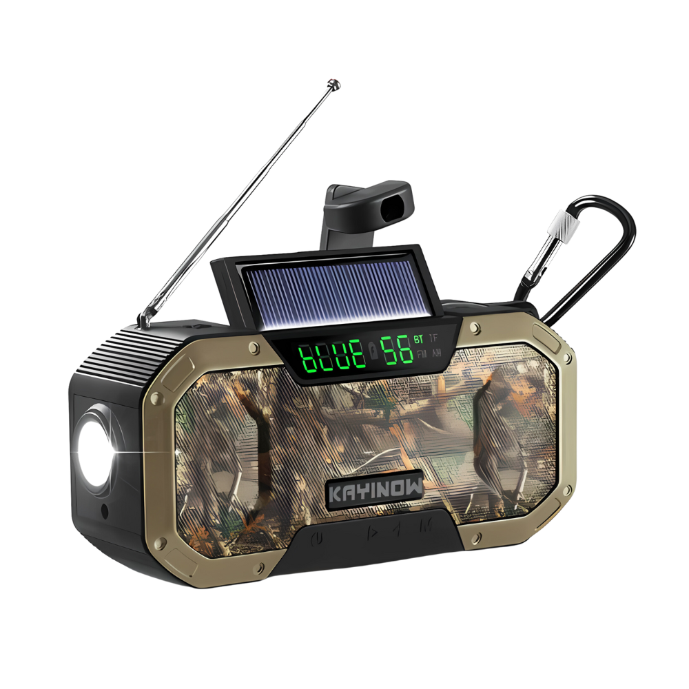 Tragbares Solarradio mit Taschenlampe, Camouflage-Design, Bluetooth, USB, Notfallfunktion.