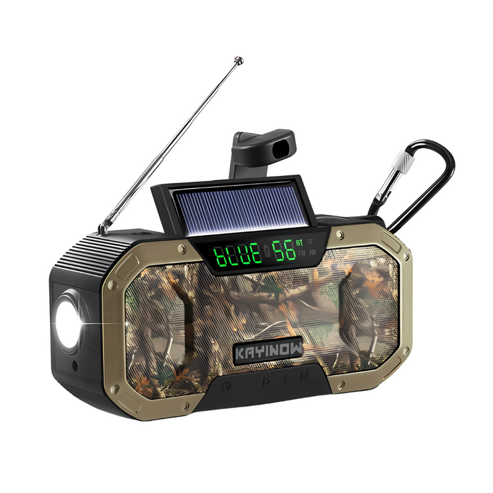Tragbares Solarradio mit Taschenlampe, Camouflage-Design, Bluetooth, USB, Notfallfunktion.