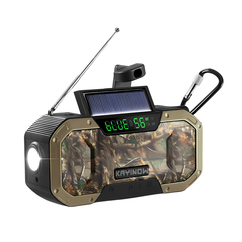 Tragbares Solarradio mit Taschenlampe, Camouflage-Design, Bluetooth, USB, Notfallfunktion.