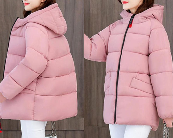 Damen Winterjacke rosa, Kapuze, Reißverschluss, warm, modisch, gesteppte Daunenjacke.