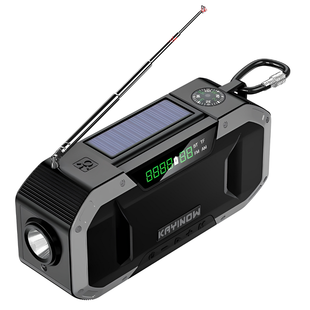 Tragbares Solar-Radio mit LED-Taschenlampe, Kompass und Antenne, ideal für Outdoor-Aktivitäten.