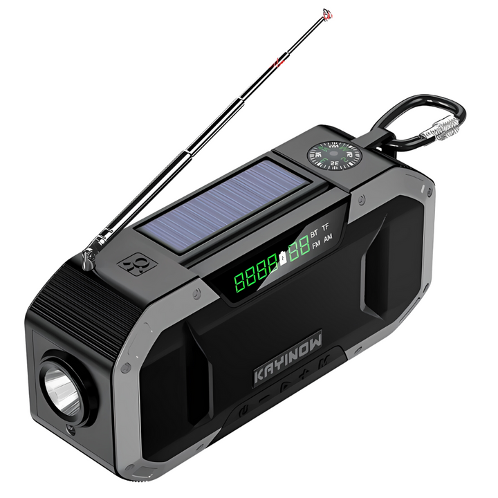Tragbares Solar-Radio mit LED-Taschenlampe, Kompass und Antenne, ideal für Outdoor-Aktivitäten.
