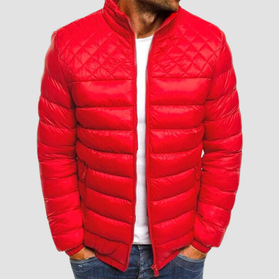 Rote Herren-Daunenjacke, Steppdesign, Reißverschluss, Wintermode, warm, stilvoll.